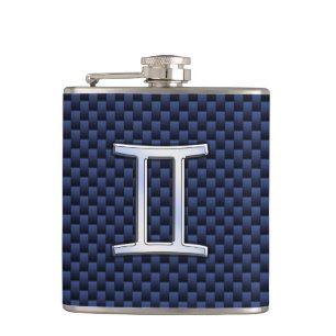 Silver Gemini Zodiac Sign Blue Carbon Fibre Print Hip Flask