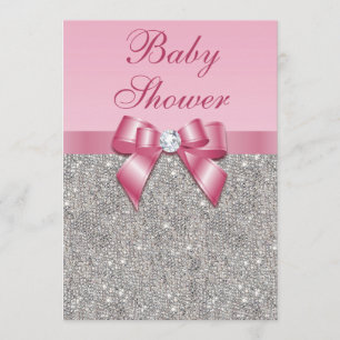 Silver Gems, Bow & Diamonds Girls Pink Baby Shower Invitation