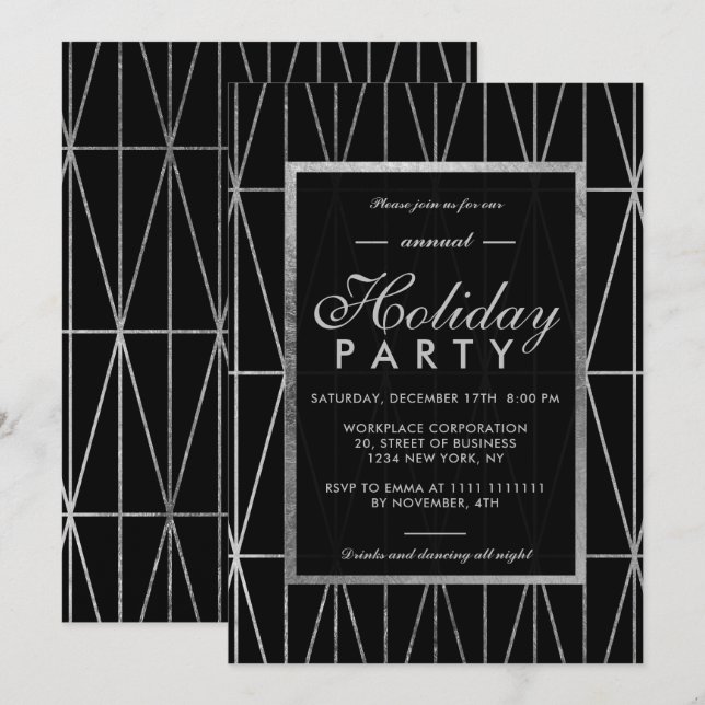 Silver geometric black winter corporate holiday invitation (Front/Back)
