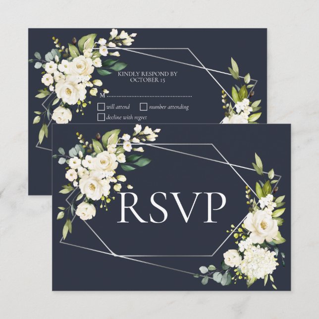 Silver Geometric Blue White Floral RSVP (Front/Back)