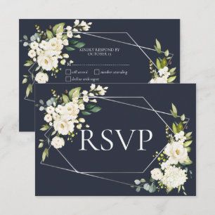 Silver Geometric Blue White Floral RSVP Card