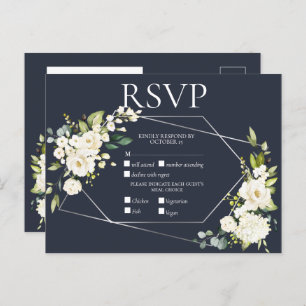 Silver Geometric Blue White Floral RSVP Invitation Postcard