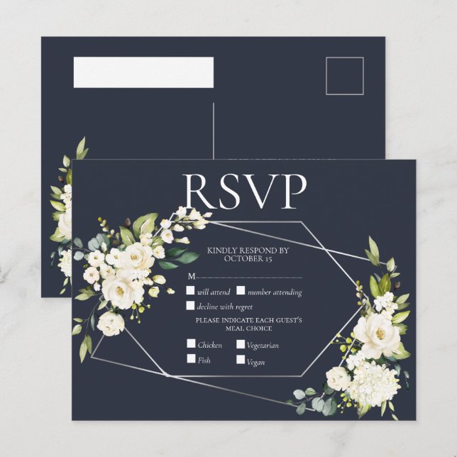 Silver Geometric Blue White Floral RSVP Invitation Postcard (Front/Back)