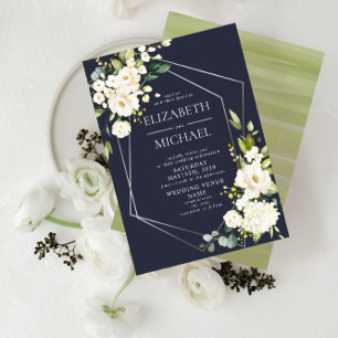 Silver Geometric Blue White Floral  Wedding Invitation