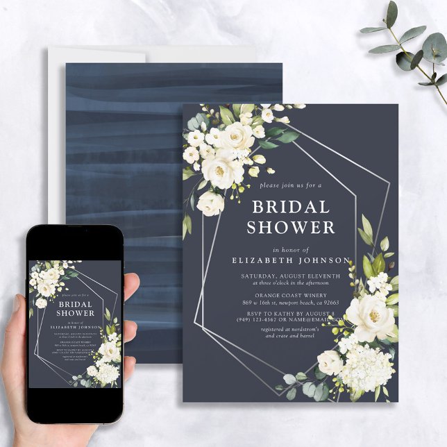 Silver Geometric Navy Blue White Floral Shower Invitation (Creator Uploaded)