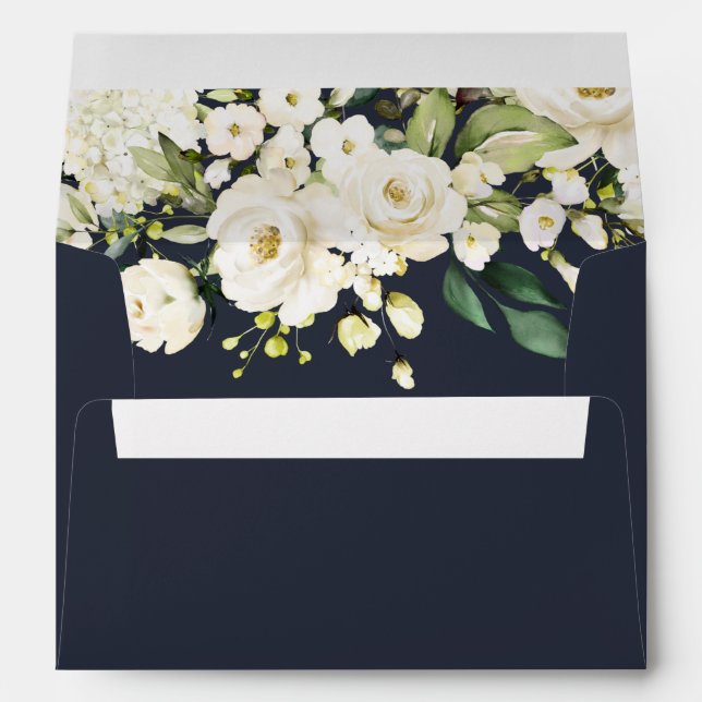 Silver Geometric Navy Blue White Floral Wedding Envelope (Back (Bottom))