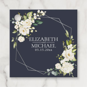 Silver Geometric Navy Blue White Floral Wedding Favour Tags