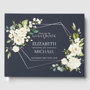 Silver Geometric Navy Blue White Floral  Wedding Guest Book
