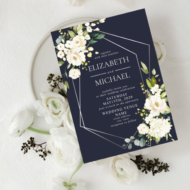 Silver Geometric Navy Blue White Floral  Wedding Invitation (Creator Uploaded)