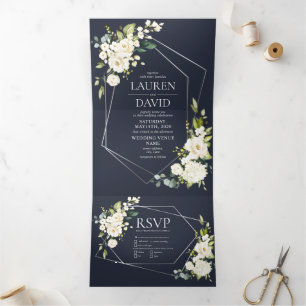 Silver Geometric Navy Blue White Floral  Wedding Tri-Fold Invitation