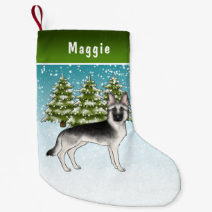 Silver German Shepherd Winter Forest With Name Small Christmas Stocking