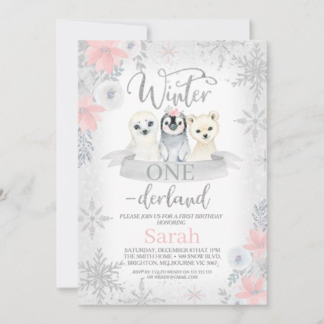 Silver Girl Animals Winter Onederland Birthday Invitation (Front)