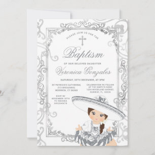 Silver Girl Mexican Baptism Charro Cross Party Invitation