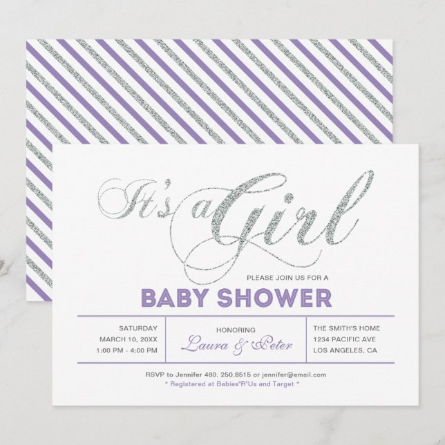Silver | Girl, Modern Typography Baby Shower Invitation (Front/Back)