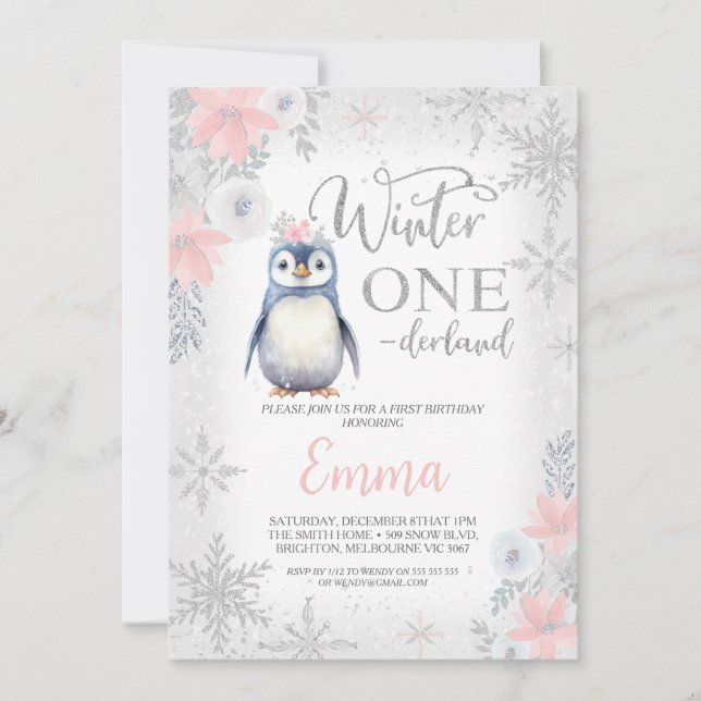 Silver Girl Penguin Winter Onederland Birthday Invitation (Front)