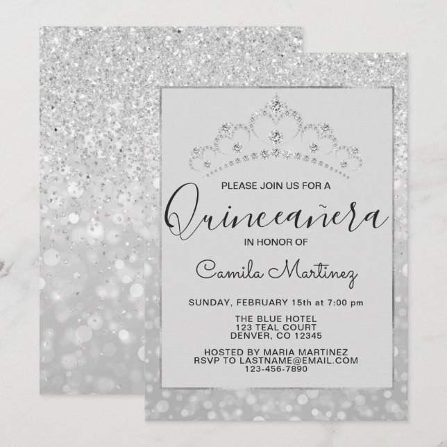Silver Girly Glitter Sparkle Quinceanera Invitation (Front/Back)
