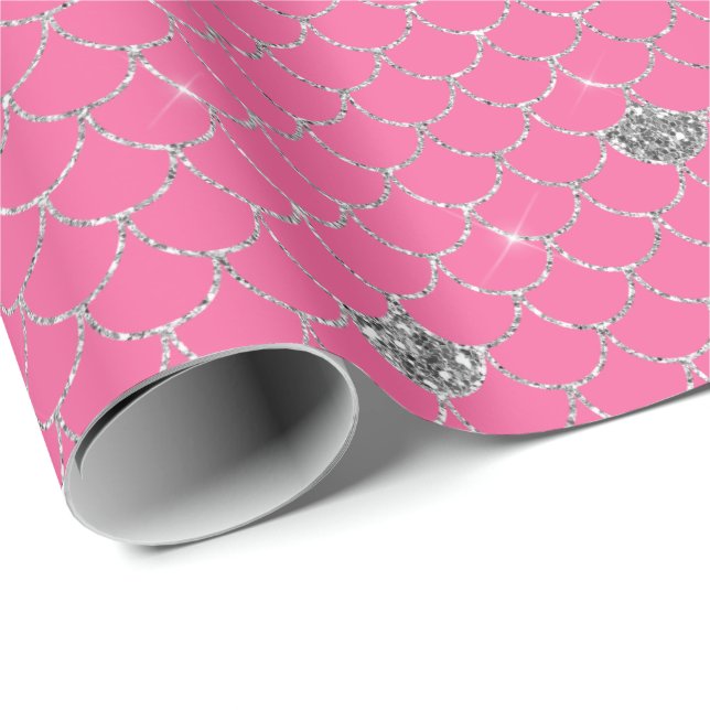 Silver Girly Pink Glitter Mermaid Sparkle Wrapping Paper (Roll Corner)