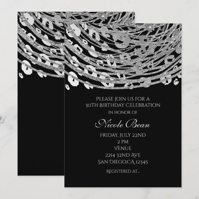 Silver Glam Cheetah Print Exotic Party Invitations (Front/Back)