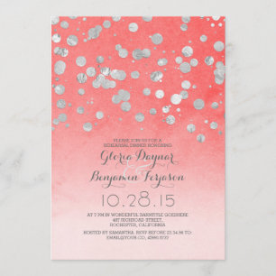silver glam confetti coral pink rehearsal dinner invitation