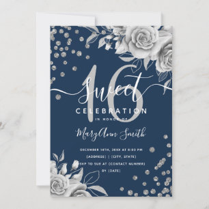 Silver Glam Floral Glitter Sweet Sixteen Navy Invitation