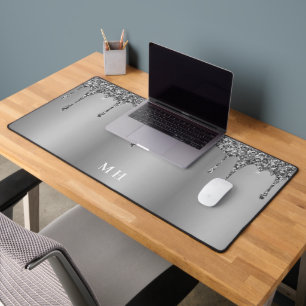 Silver Glam Girly Sparkles Luxury Monogram Desk Mat