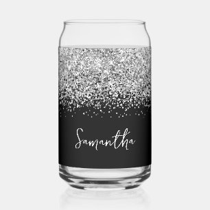 Silver Glam Glitter on Black Can Glass