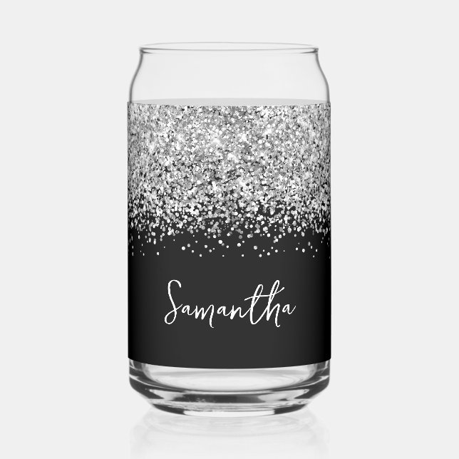 Silver Glam Glitter on Black Can Glass (Front)