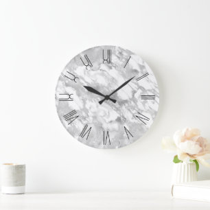 Silver Glam Marble Retro Roman Numerals Large Clock