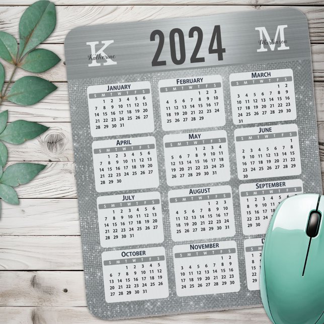 Silver Glam Sparkle Monogram Name 2024 Calendar Mouse Mat (Creator Uploaded)