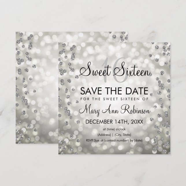 Silver Glam Sweet 16 Sixteen Glitter Lights Invitation (Front/Back)
