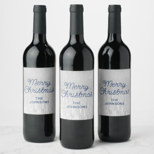 Silver Glam Texture Navy Blue Merry Christmas Wine Label