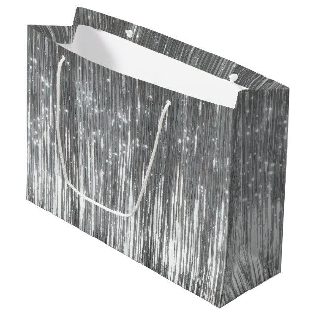Silver Glam Tinsel Stripes Large Gift Bag (Front Angled)