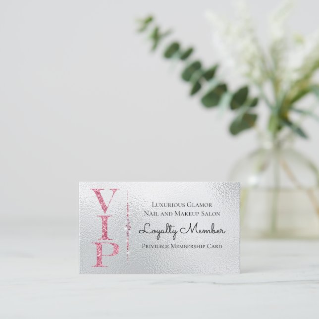 Silver Glamourous Diamonds Pink Glitter VIP Loyalt Business Card (Standing Front)