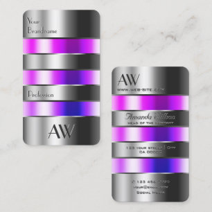 Silver Glass Look Pink Purple Fluids with Initials Business Card
