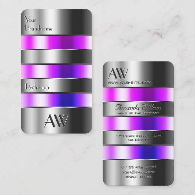 Silver Glass Look Pink Purple Fluids with Initials Business Card (Front/Back)