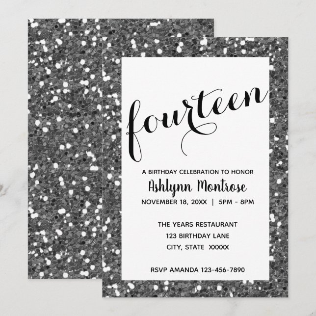 Silver Glitter 14th Birthday Invitation (Front/Back)