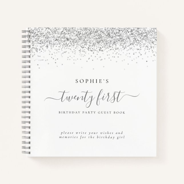 Silver Glitter 21st Birthday Party Guest Book (Front)