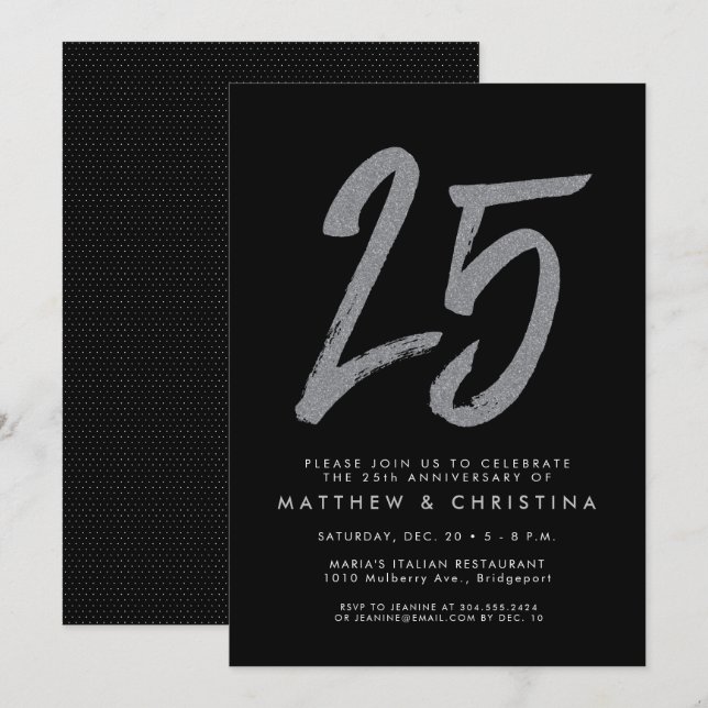 Silver glitter 25th anniversary party invitation (Front/Back)