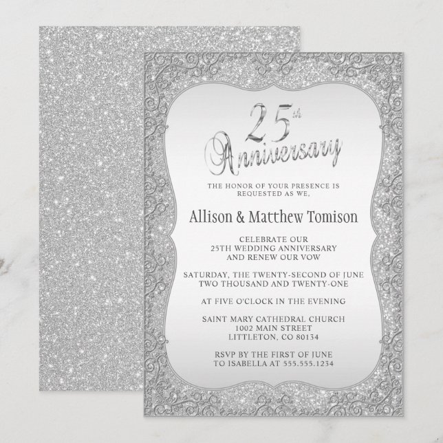 Silver Glitter 25th Wedding Anniversary | DIY Text Invitation (Front/Back)