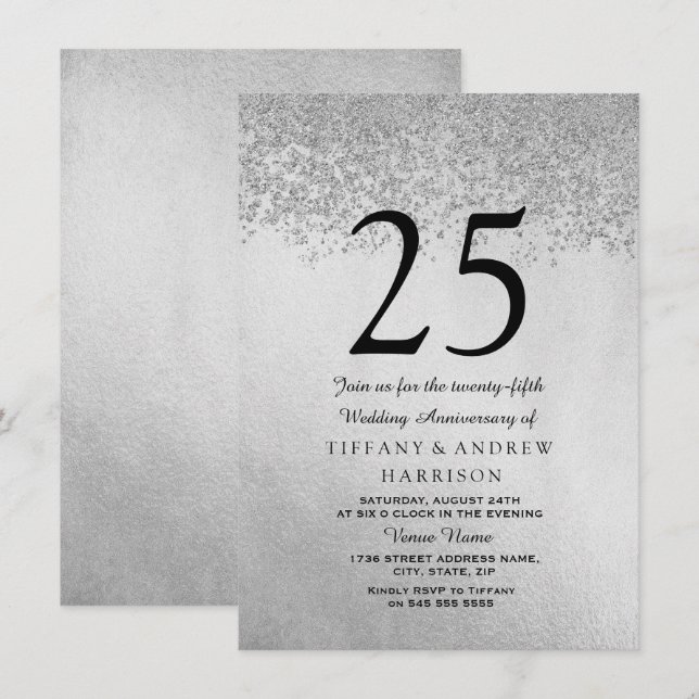 Silver Glitter 25th Wedding Anniversary Invitation (Front/Back)