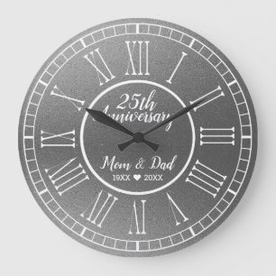 Silver Glitter 25th Wedding Anniversary  Large Clock
