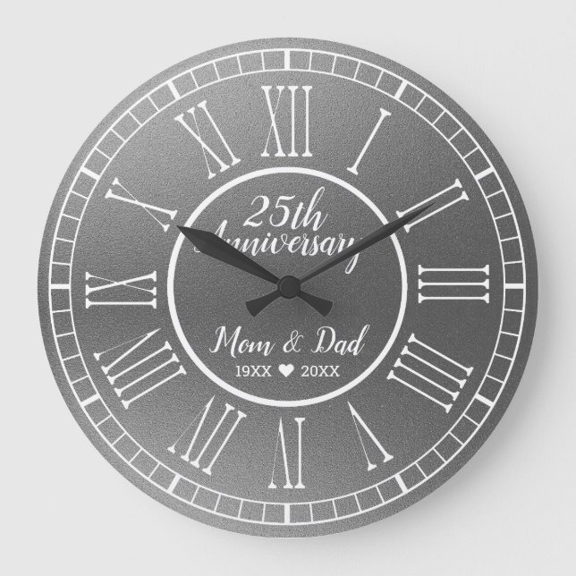Silver Glitter 25th Wedding Anniversary  Large Clock (Front)