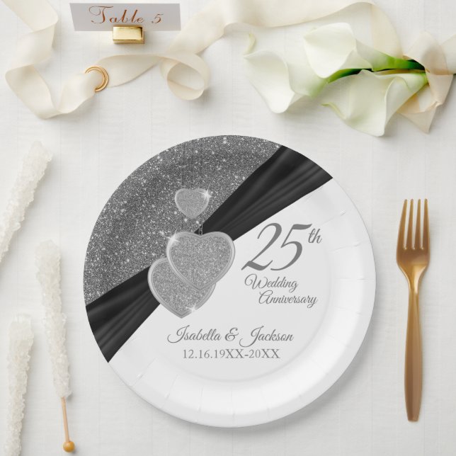 Silver Glitter 25th Wedding Anniversary Paper Plate (Wedding)