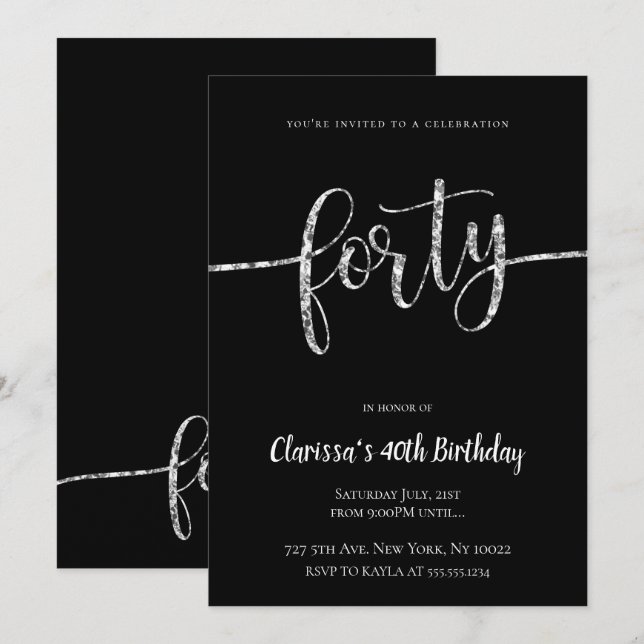 Silver Glitter 40th Birthday Invitations (Front/Back)