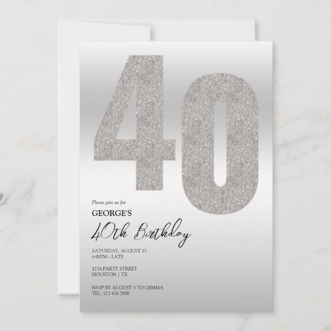 Silver Glitter 40th Birthday Party Invitation (Front)