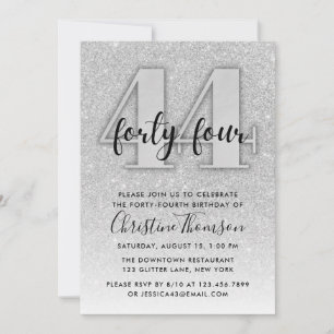 Silver Glitter 44th Birthday Invitation