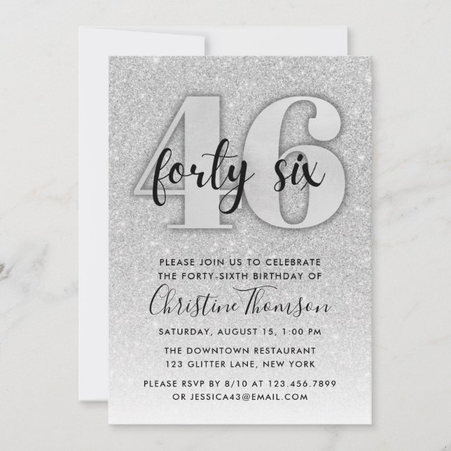 Silver Glitter 46th Birthday Invitation (Front)