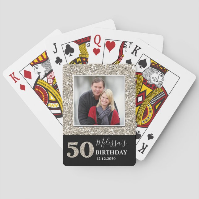  Silver Glitter 50th Birthday Party Photo Playing Cards (Back)