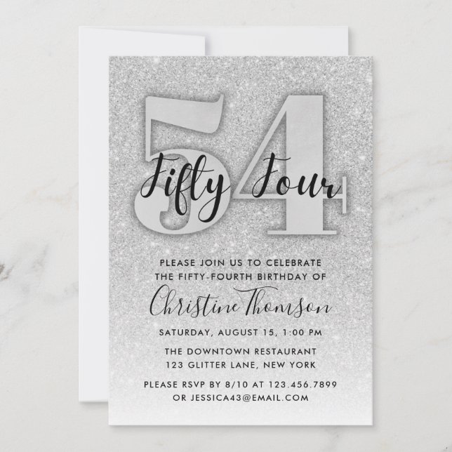Silver Glitter 54th Birthday Invitation (Front)