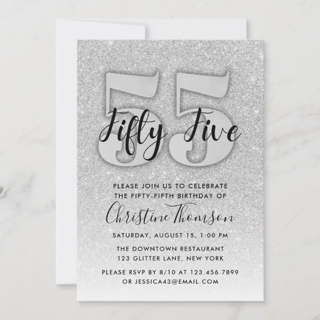 Silver Glitter 55th Birthday Invitation (Front)